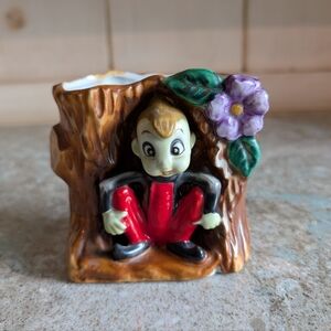 Vintage Ceramic Pixie Elf Tree Stump Planter Acme China Made In Japan 4" Unique
